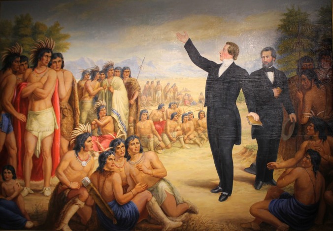 Pintura entitulada 'Joseph Smith Pregando aos Lamanitas' por William Armitage (1890)