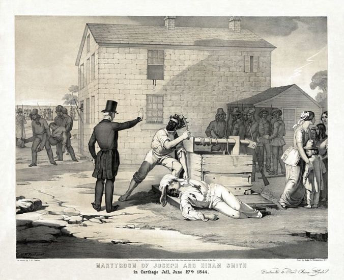 Martyrdom of Joseph and Hiram Smith in Carthage jail, June 27th, 1844, litografia de  G.W. Fasel e C.G. Crehen . Inscrição "Dedicado ao Reverendo Orson Hyde"